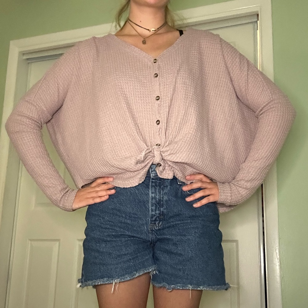 Out from Under comfortable light pink cropped cardigan, ribbed stretchy material